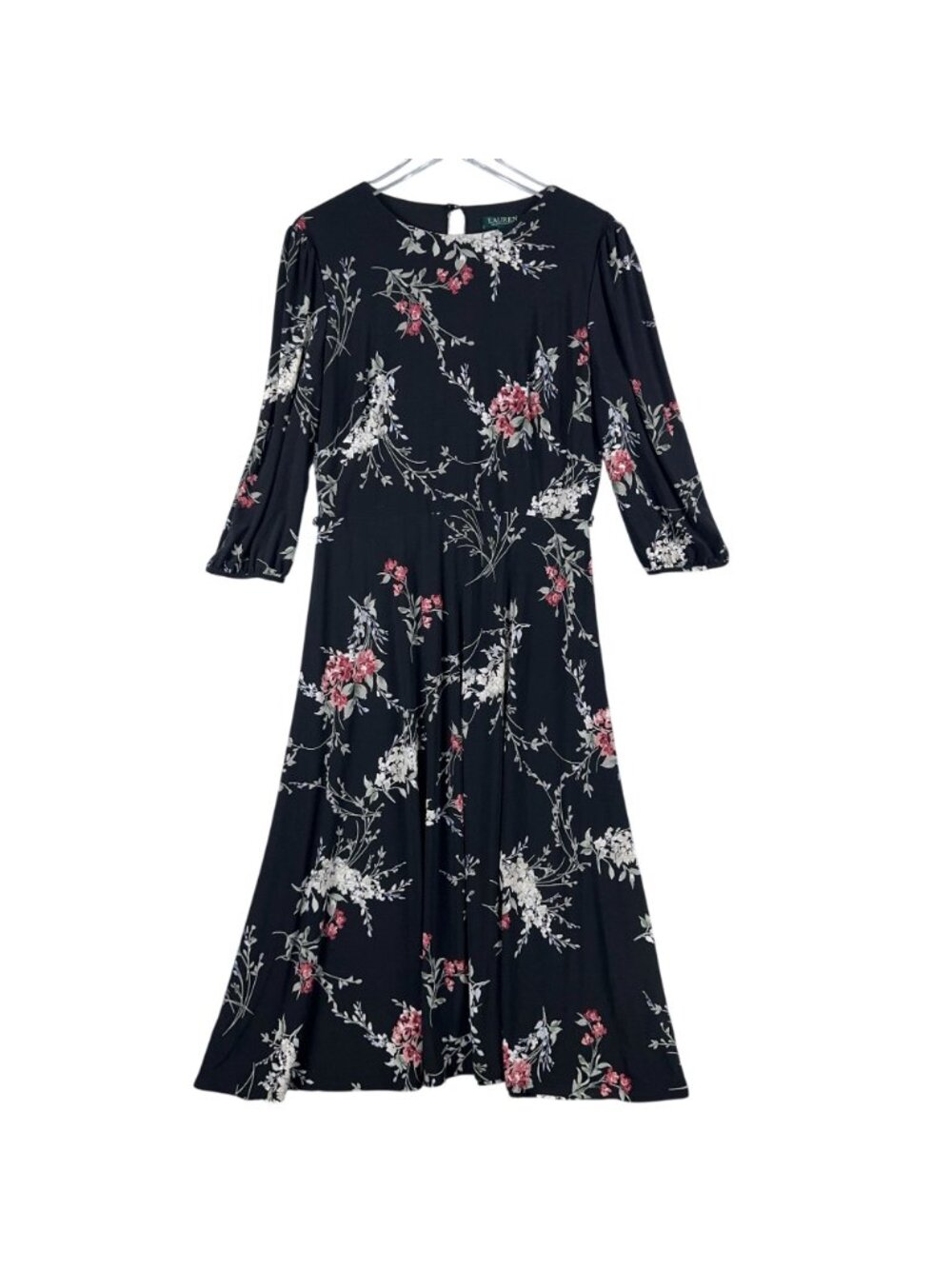 Lauren Ralph Lauren Dress Size 12 Midi Black Floral Print 3/4 Sleeves Keyhole - Picture 2 of 10